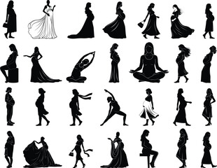 Collection of female silhouettes in various poses and attire