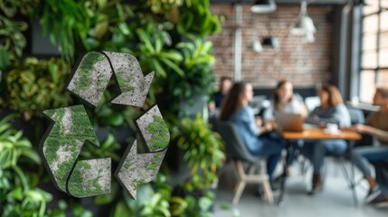 Green recycle symbol on living wall highlights eco friendly culture and waste management in office