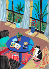 Expressionist Gouache Painting of a Peaceful Living Room with Potted Plants and a Pet Cat_property