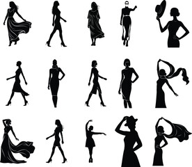 Collection of female silhouettes in various poses and attire