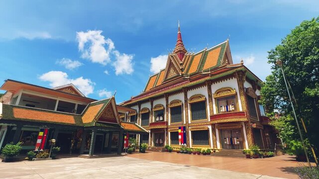 SIEMREAP, CAMBODIA - October 6, 2025: The interior of Wat Preah Prom Rath Temple. A Buddhist temple with statues of cows. A decorative structure made of gold. The main spiritual center of Siemreap. 4К