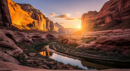 Serene canyon landscape with winding river at sunrise surrounded by rocky cliffs
