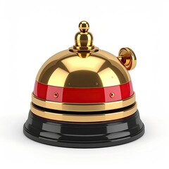 Ornate, golden service bell with red band, glossy finish, white background