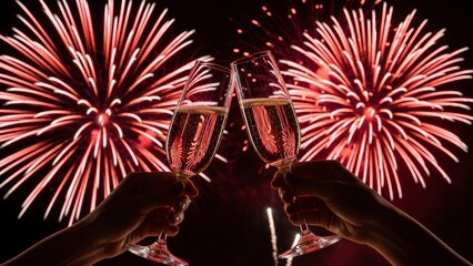 Hands holding champagne flutes, toasting against a backdrop of vibrant red fireworks. Celebration with bubbly drinks under the night sky.