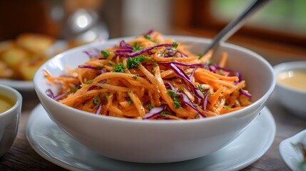 A vibrant bowl of shredded carrot and red cabbage salad with fresh herbs and dressing