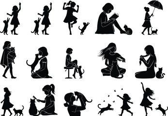 Silhouette illustrations of girls and pets in various activities