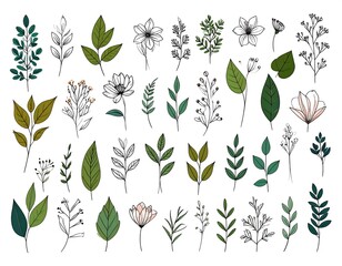 Collection of assorted floral elements leaves, sprigs, and flowers, arranged in a white space, illustration style