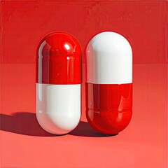 Two capsules, red and white, against a red background