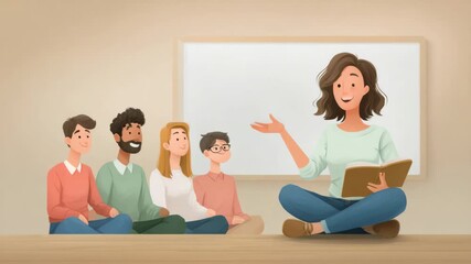 Animated classroom discussion: teacher engages students in interactive learning session - Powered by Adobe