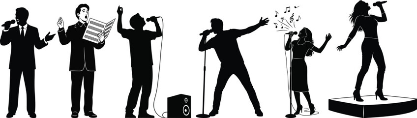 Silhouette of six musicians performing on stage with microphones