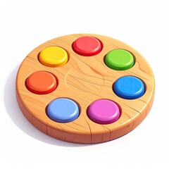 Wooden circular toy with seven colored buttons arranged