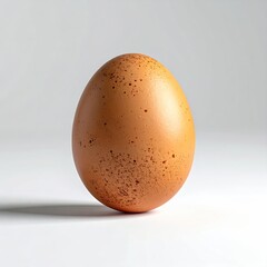 Single speckled brown egg stands on white surface