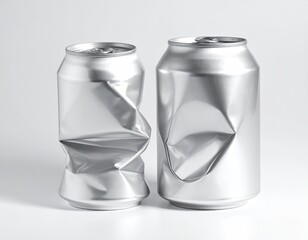 Two aluminum cans, one crushed, sit against a neutral background