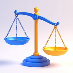 3D rendering of a balance scale, one side blue, other yellow