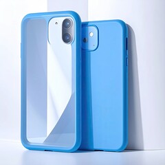 Two blue protective phone cases on a neutral background