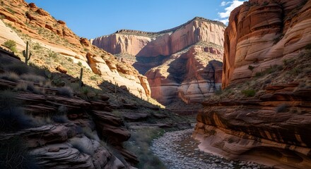 Serene canyon landscape with rocky formations and a winding stream under a clear blue sky