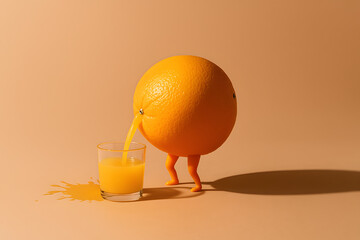 Creative Orange Character Pouring Fresh Juice Into Glass On Minimal Background