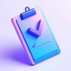 3D-rendered clipboard with a checkmark, tilted, in vibrant hues