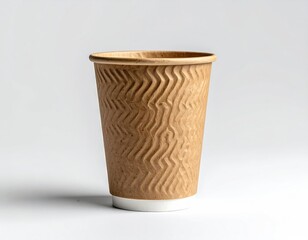 A brown corrugated takeaway coffee cup, isolated on a white background