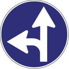 Blue circular mandatory direction sign, white arrow pointing straight ahead and turning left road symbol