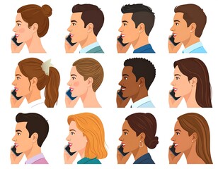 Collection of diverse people in profile view, talking on smartphones. Illustration depicts various hairstyles and skin tones, each engaged in a phone conversation