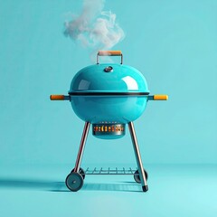 Bright turquoise BBQ with smoke plume against solid blue backdrop