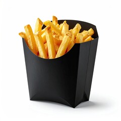 Golden, crispy fried potatoes in a sleek black carton, on a white backdrop