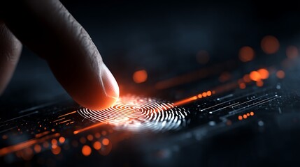 Finger scanning glowing fingerprint on a futuristic interface concept