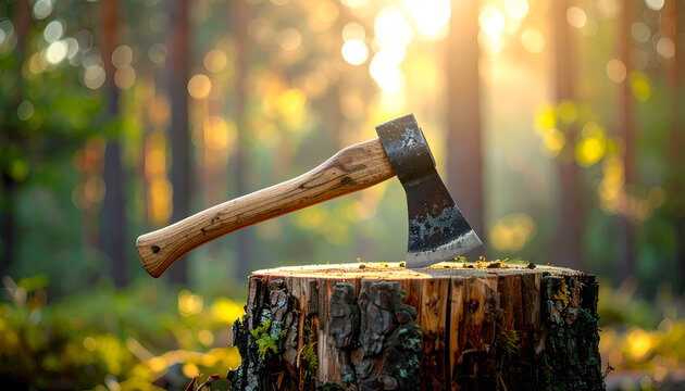 Axe stuck in tree stump, background forest blur, minimal composition, realistic