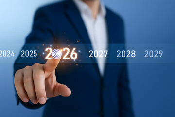 Business Professional Selecting 2026 On Digital Timeline Interface