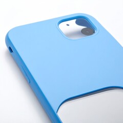 Close-up of a light blue phone case protecting a device, angled shot