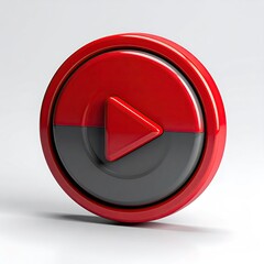 Glossy, red and grey play button. 3D rendered against a white backdrop