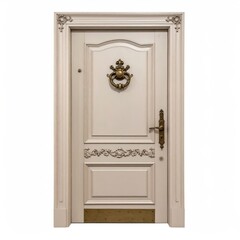Ornate, cream-colored wooden door with detailed carvings and brass hardware