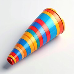 A brightly colored cone shape with horizontal striped rings against white