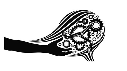 Abstract human head silhouette with intricate gears and a helping hand symbolizes innovation and support.
