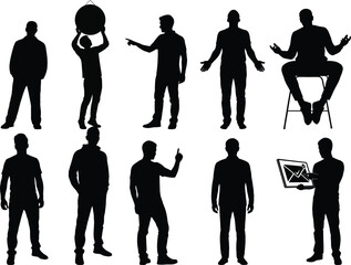 Silhouette of various poses of a man in different actions
