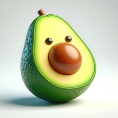 Smiling, cartoon avocado half, green skin, brown pit, and happy eyes