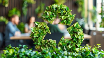 Eco friendly company culture  team meeting with green recycle symbol on living wall in modern office