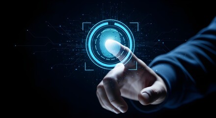Finger touching futuristic blue glowing fingerprint scanner for biometric identity authentication and secure access