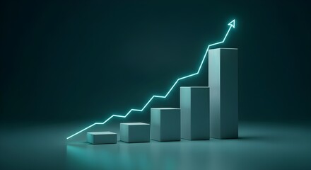 Business growth and financial success concept featuring a rising bar chart with a glowing arrow on a dark background
