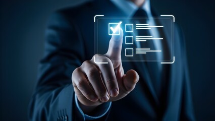 Quality control and task verification concept showing a businessman's hand checking a virtual box on a digital interface