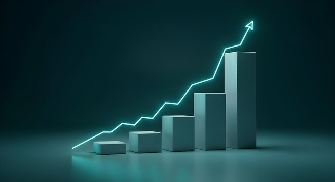Business growth and financial success concept featuring a rising bar chart with a glowing arrow on a dark background - Powered by Adobe