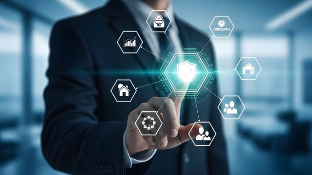 Corporate data protection and compliance concept with a businessman pointing to a virtual shield icon and security symbols - Powered by Adobe