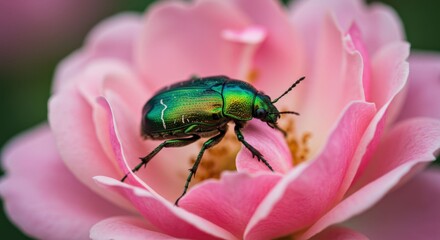 Green Beetle on Pink Rose Petals.