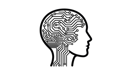 A profile illustration of a human head with circuitry inside the brain, representing the fusion of technology and human thought