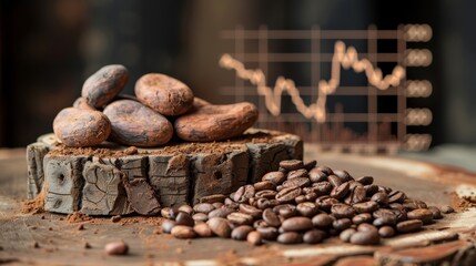 Commodity trading insights  cocoa and coffee beans with market price fluctuations on wood background