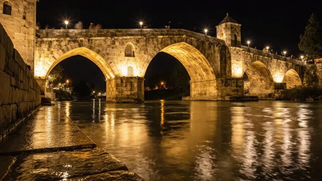An ancient stone bridge with illuminated arches reflecting beautifully on the calm river at night, showcasing historical architecture and serene bea...