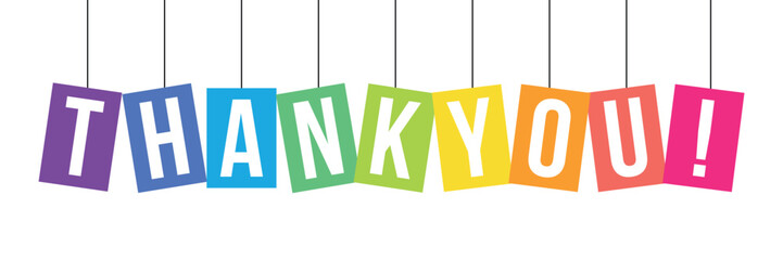 Rainbow-colored mixed typography THANK YOU! banner with brush calligraphy