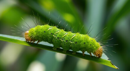 Naklejka premium Green Caterpillar on Leaf Closeup.