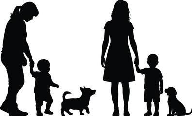 Silhouette of a family with two adults and two children and dogs
